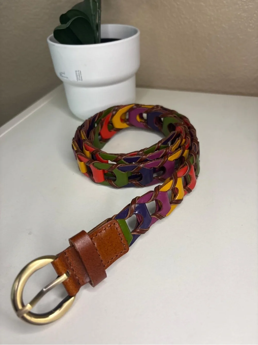 Multicolor Braided Leather Women's Belt with Gold-Tone Buckle